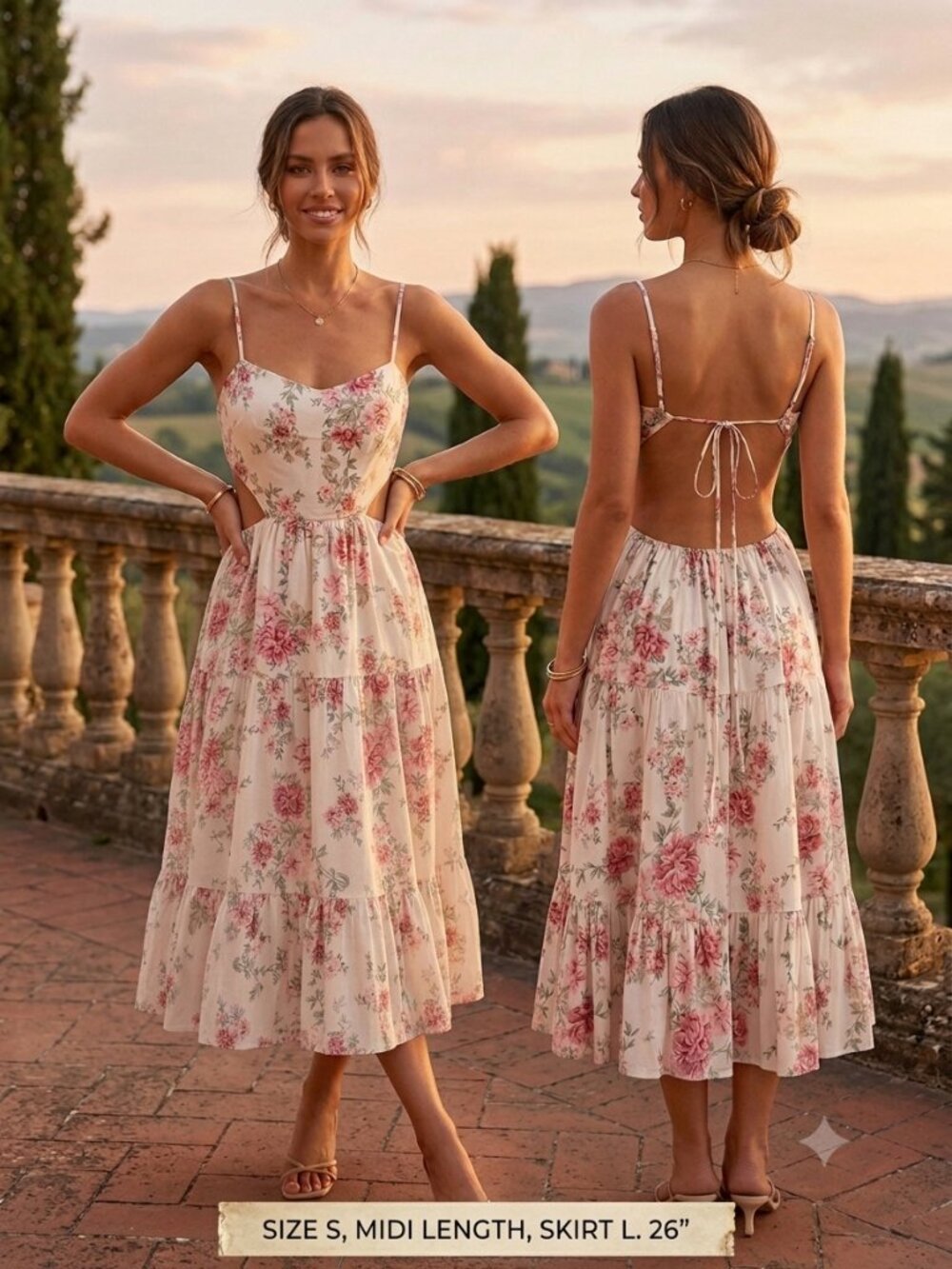 Paper Heart Stunning Floral Tiered Cut-Out Midi Dress Vacation Cottagecore